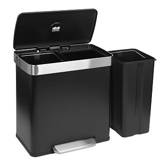 Harbour Housewares 60L Double Kitchen Pedal Bin – 2 x 30L Matte Black Stainless Steel Recycling Waste Bin with Soft Close Lids, Dual Compartments & Removable Inner Buckets for Home & Office