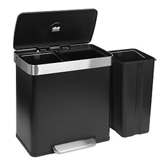 Harbour Housewares 60L Double Kitchen Pedal Bin – 2 x 30L Matte Black Stainless Steel Recycling Waste Bin with Soft Close Lids, Dual Compartments & Removable Inner Buckets for Home & Office