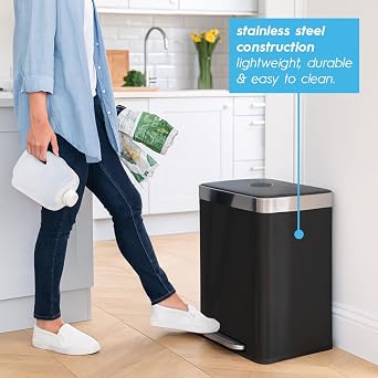 Harbour Housewares 60L Double Kitchen Pedal Bin – 2 x 30L Matte Black Stainless Steel Recycling Waste Bin with Soft Close Lids, Dual Compartments & Removable Inner Buckets for Home & Office