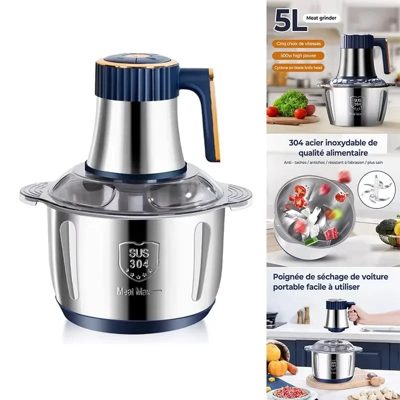 5L Stainless Steel Electric Meat Grinder Large Capacity Multifunctional Food Chopper Vegetable Slicer Blender for Home Kitchen